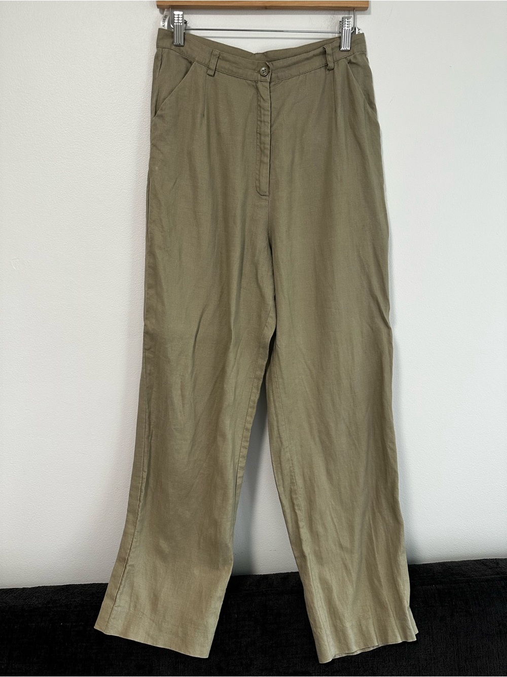 Laura Ashley Vintage Tan/Olive Straight-Leg Pants 100% Linen‎ Size 8